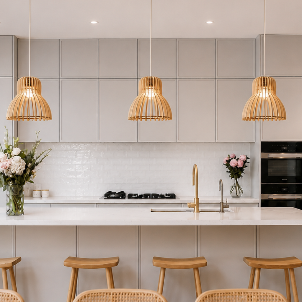 A modern kitchen interior with light gray cabinets, a white island, three woven pendant lights, wooden stools, and a black refrigerator. No people or animals are present, and the scene is styled as an interior design shot rather than a standalone product photo.