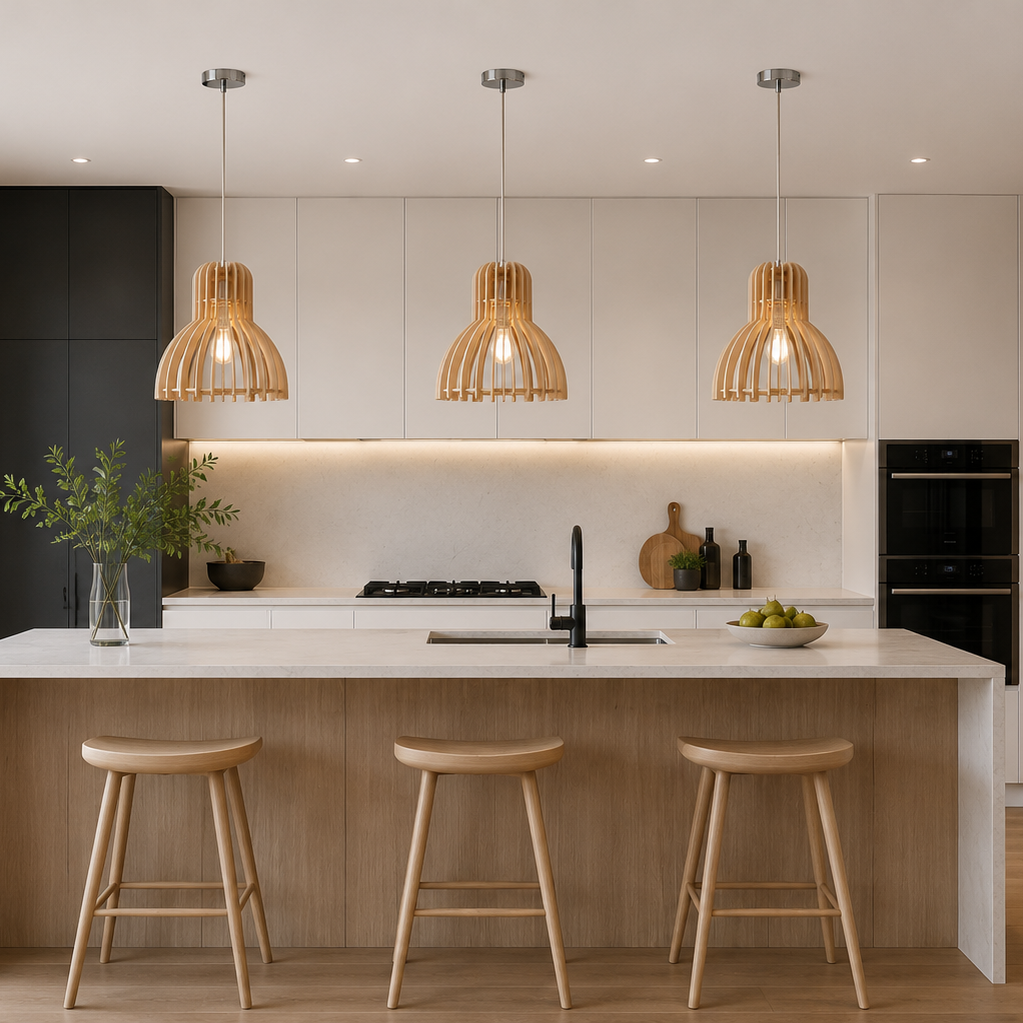 A modern kitchen interior with a central island, three woven pendant lights, three wooden bar stools, white and wood cabinetry, black appliances, and a large window on the left.
