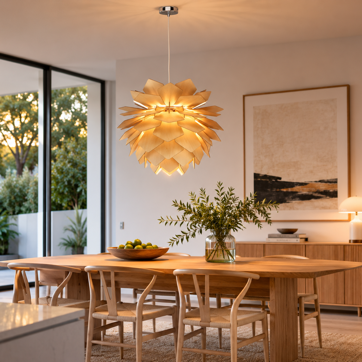 A modern flower-shaped pendant light with a warm glowing wood-look finish hangs over a wooden dining table in a bright, contemporary dining room.