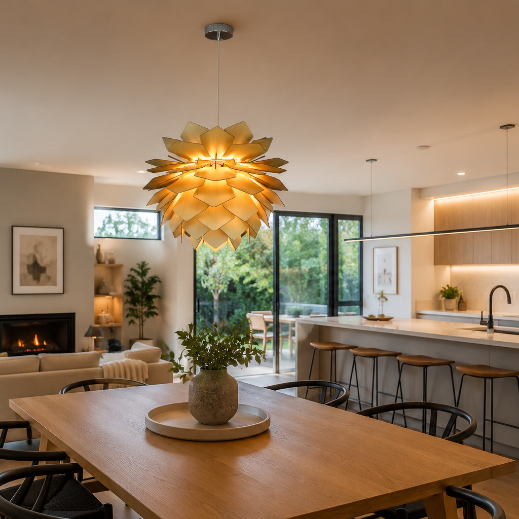 A modern flower-shaped pendant light hangs over a wooden dining table in a bright, contemporary open-plan kitchen and living room.