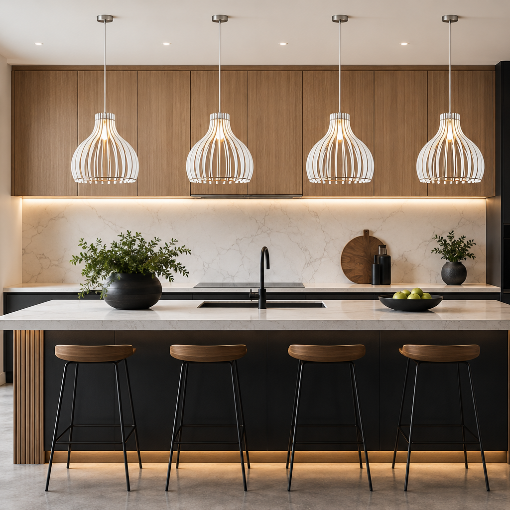 A modern kitchen interior with a central island, four slatted pendant lights, dark cabinetry, a marble backsplash, and bar stools. No people or animals are present, and the scene appears to be a styled interior render or photo rather than a standalone product shot.