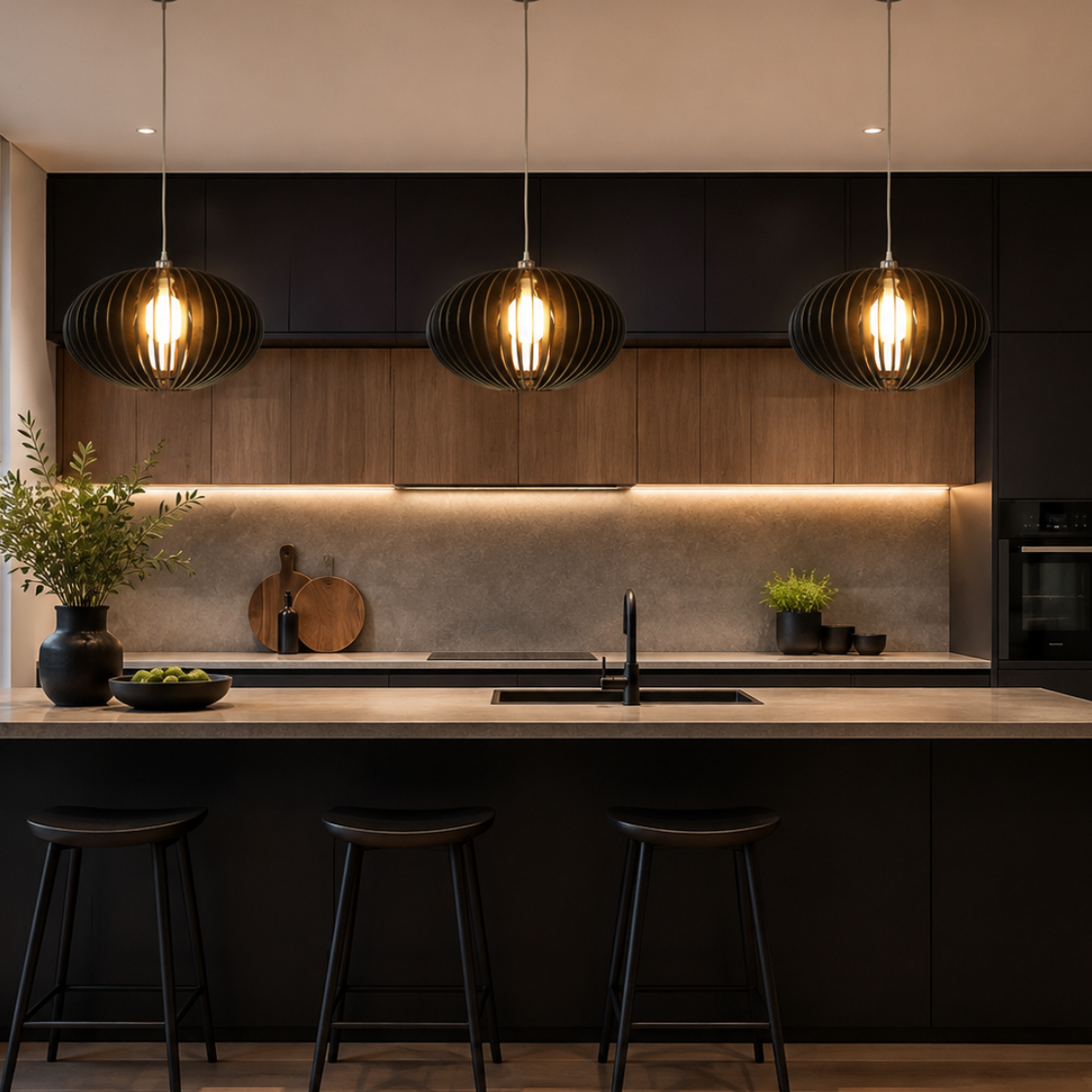 Modern kitchen interior with three black ribbed pendant lights hanging above a dark island, wood cabinetry, a stone backsplash, and three black bar stools.
