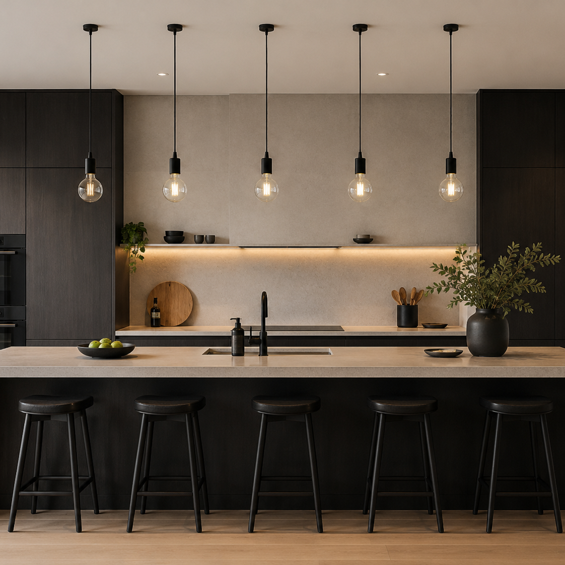 A modern kitchen island with a light stone countertop and black base cabinets, surrounded by five black bar stools. Above the island, five black pendant lights with clear glass bulbs hang against a light gray textured wall.