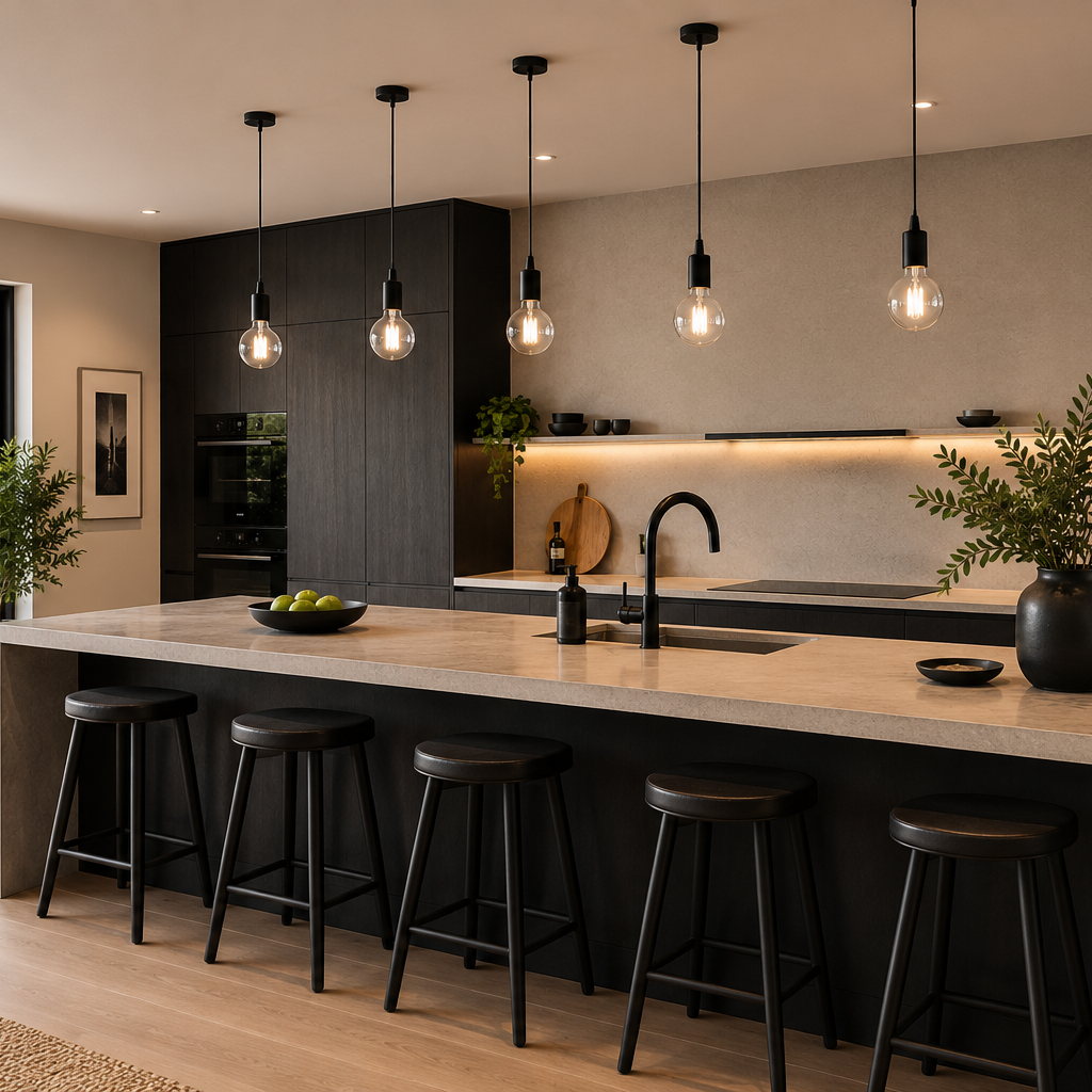 A modern kitchen island with a light stone countertop and black base, surrounded by five black bar stools. The kitchen features dark wood cabinetry, a light gray textured backsplash, and four hanging pendant lights with exposed bulbs.