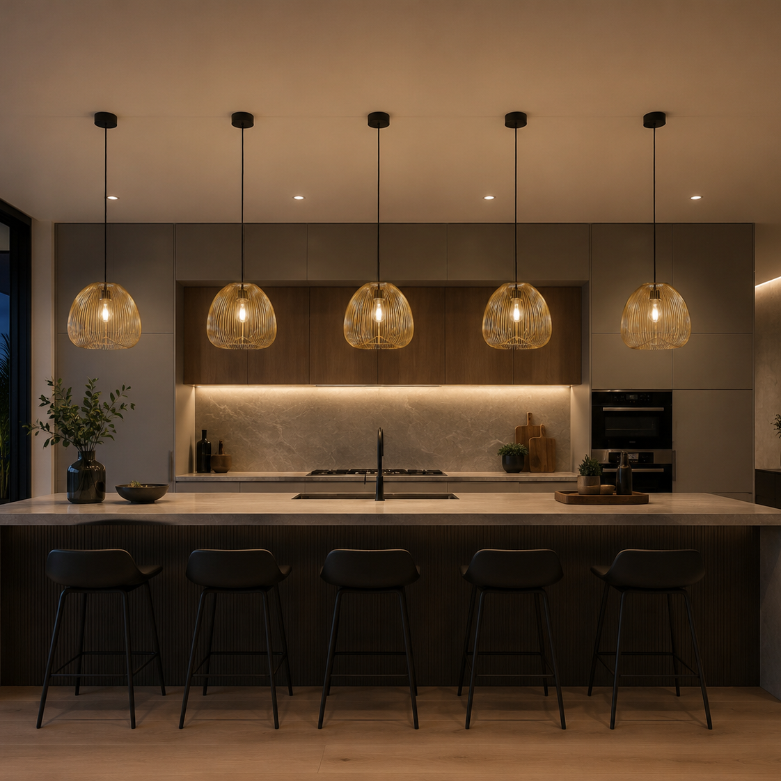 Modern kitchen island with a light stone countertop, dark wood cabinetry, five black bar stools, and five hanging woven pendant lights in a warm, contemporary interior.