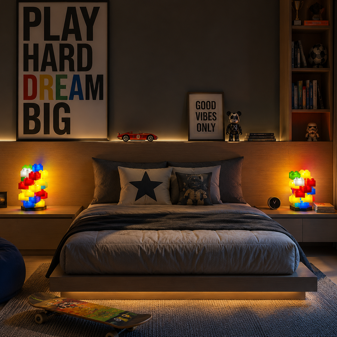 A modern kids' bedroom featuring a low platform bed with gray bedding, colorful block-style bedside lamps, a dark gray beanbag chair, and a skateboard on the floor. The wall behind the bed has built-in shelving with books and framed motivational posters reading 'PLAY HARD DREAM BIG' and 'GOOD VIBES ONLY'.
