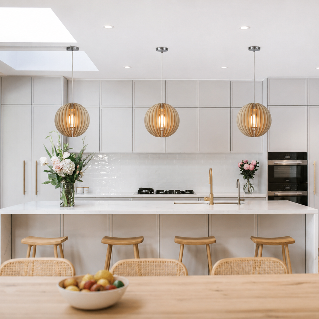 A modern kitchen interior with light gray cabinets, a white island, three woven pendant lights, wooden stools, a stainless steel refrigerator, and a wood dining table in the foreground.
