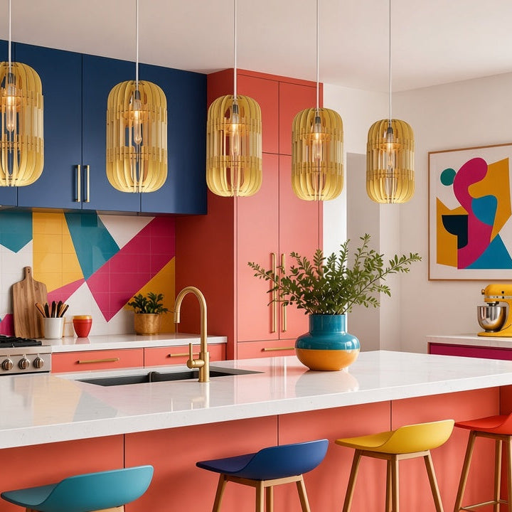 A modern kitchen interior with bold geometric color blocking, featuring coral pink and navy cabinets, a colorful geometric backsplash, five hanging cylindrical pendant lights, a white island countertop, and colorful bar stools.