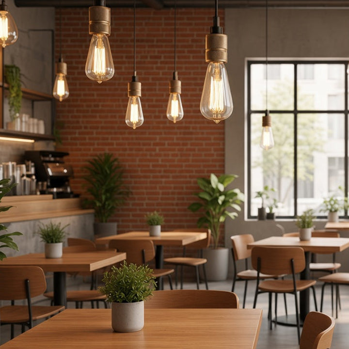 A bright, modern industrial-style cafe interior with wooden tables and chairs, hanging Edison bulb pendant lights, brick walls, and large windows with potted plants.