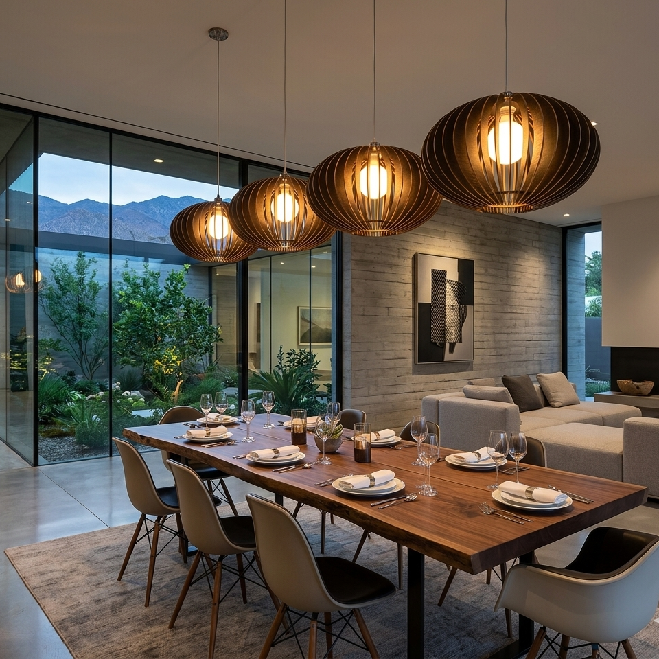 A modern dining room with a rectangular wooden dining table set for six, surrounded by contemporary gray and black chairs. Three large, spherical ribbed pendant lights hang over the table, casting a warm glow.