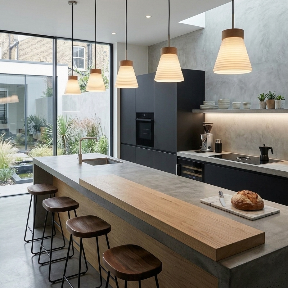 Modern kitchen interior with a long concrete-topped island, light wood countertop, black bar stools, pendant lights, dark cabinetry, and large windows overlooking a garden courtyard.