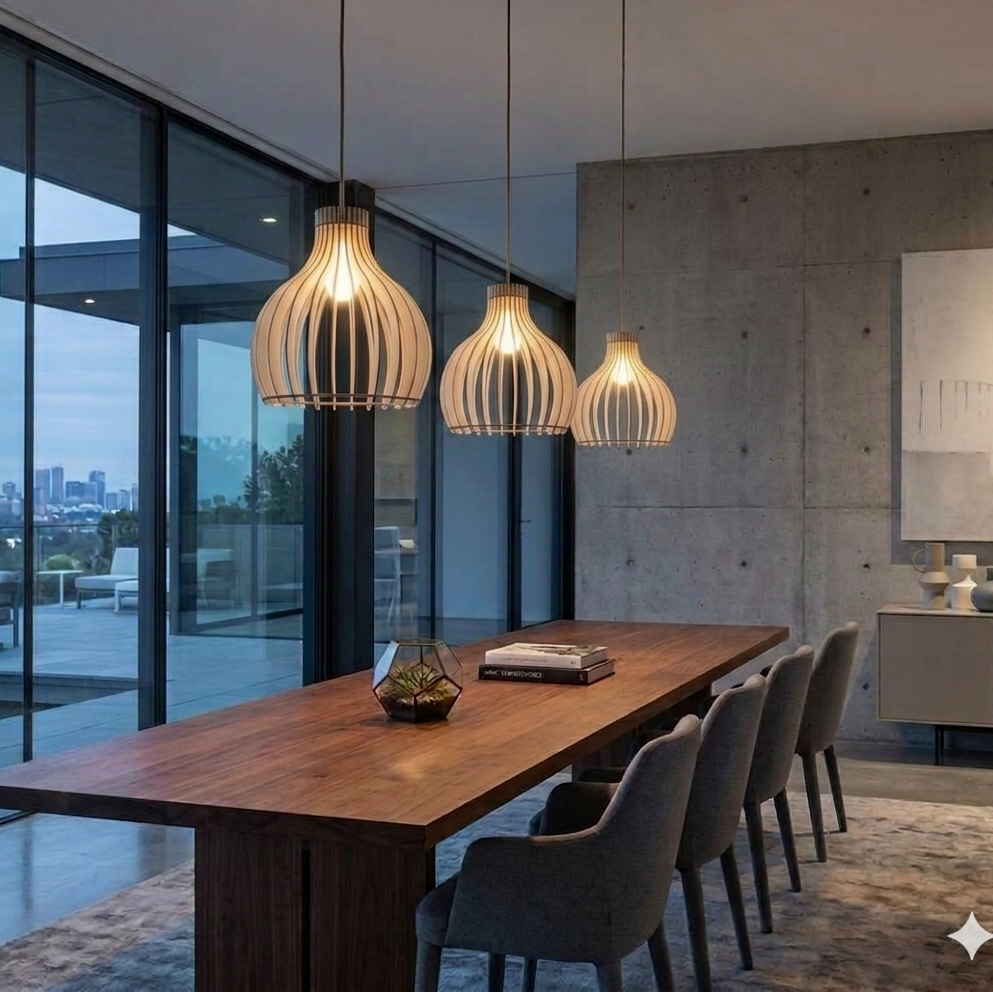 Three modern pendant lights with ribbed, basket-like shades hang over a long wooden dining table in a contemporary dining room with gray chairs, large windows, and a concrete wall.
