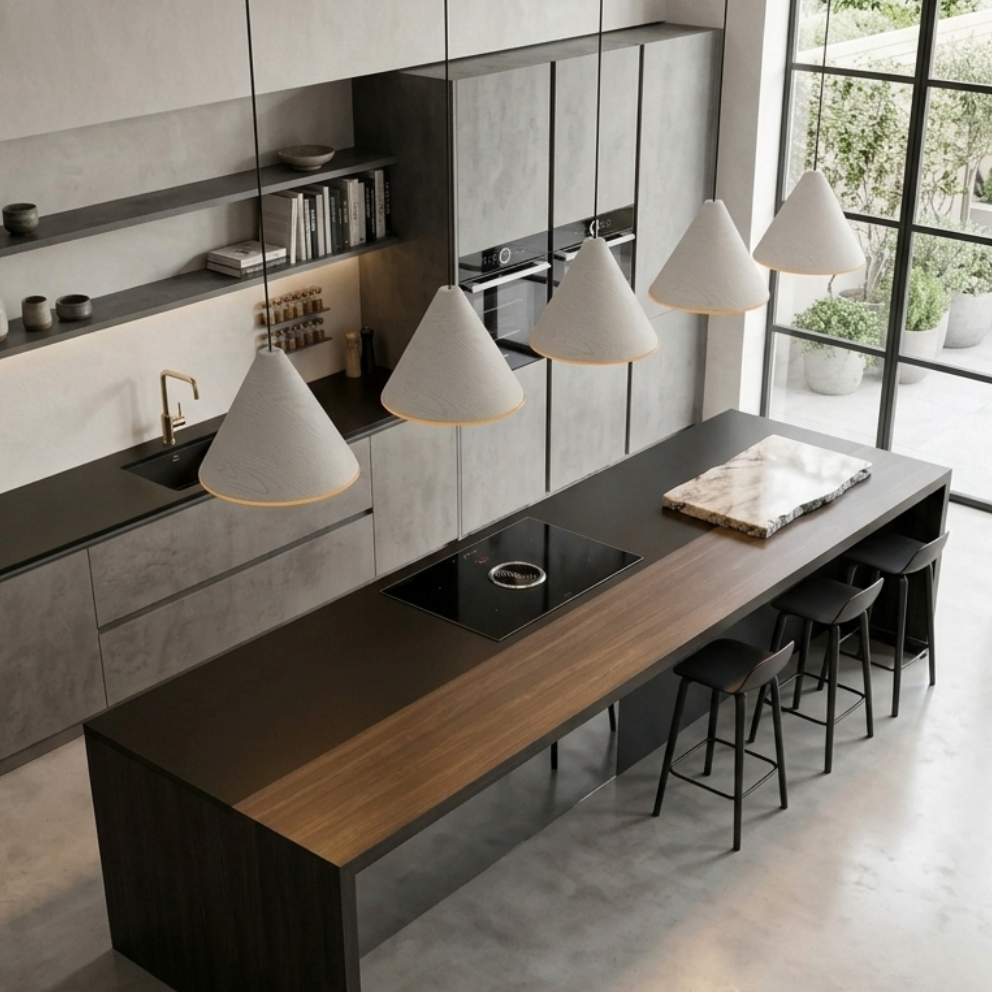A modern kitchen island with a dark wood countertop and black base, featuring an integrated cooktop, surrounded by four black bar stools. The kitchen has gray cabinets, open shelves with ceramic dishes, and a large window looking out onto a patio.