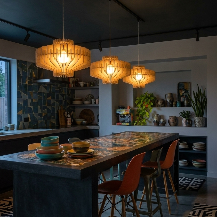 Three woven bamboo pendant lights hang over a dark wood kitchen island in a modern kitchen setting with orange bar stools.