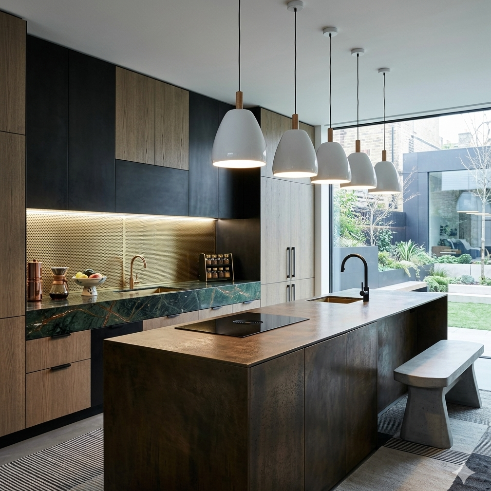 A modern kitchen interior with a large dark wood island, black and wood cabinetry, green marble countertops, pendant lights, and a large window overlooking a garden.