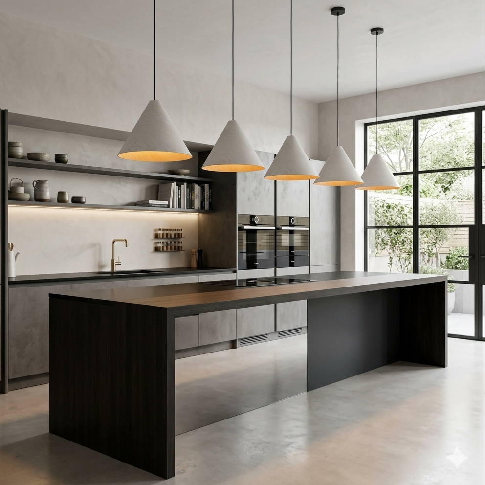 A modern kitchen interior with a large dark wood island, matte gray cabinetry, open shelving, pendant lights, built-in ovens, and a black-framed window looking out onto greenery.