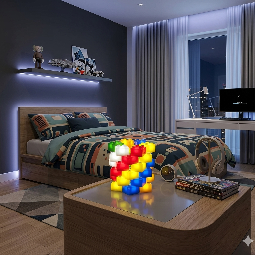 A modern bedroom interior with a bed dressed in a colorful geometric-patterned comforter, matching pillows, a wooden headboard with integrated LED lighting, a floating shelf with small decor items, a desk with a computer monitor, and a glowing multicolored geometric table lamp on a wooden table in the foreground.