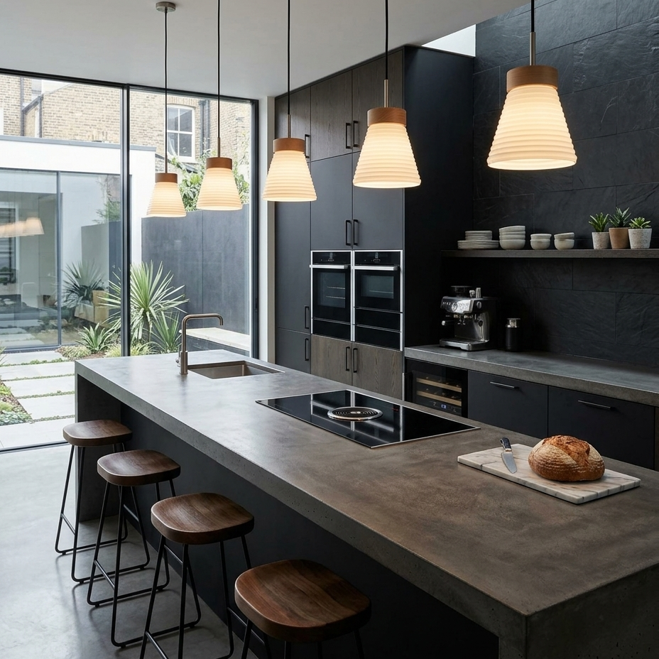 Modern kitchen island with a concrete-look countertop, black cabinetry, three pendant lights, and wooden bar stools in a real interior setting.