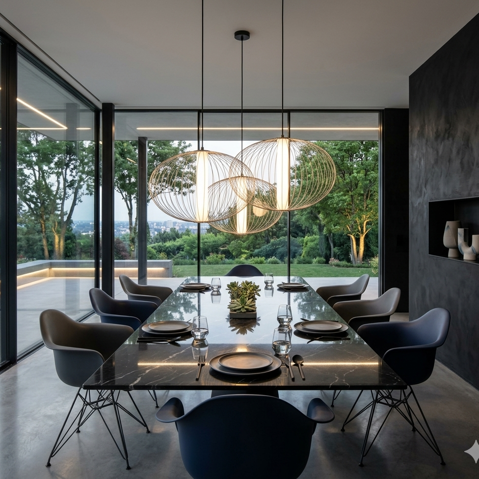 A modern dining room with a long dark rectangular table, black chairs, and two large spherical pendant lights with wire frames hanging over the table. Large floor-to-ceiling windows offer a view of green trees and landscaping, and the room has a dark textured wall with built-in shelves holding vases.