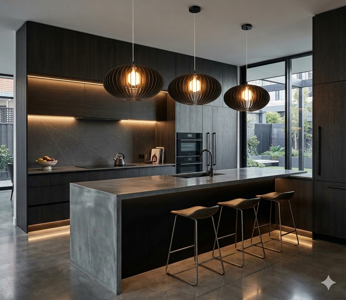 Modern kitchen interior with dark wood cabinetry, a central island with a concrete-look top, three ribbed pendant lights, and three bar stools. Large windows reveal an outdoor patio area.