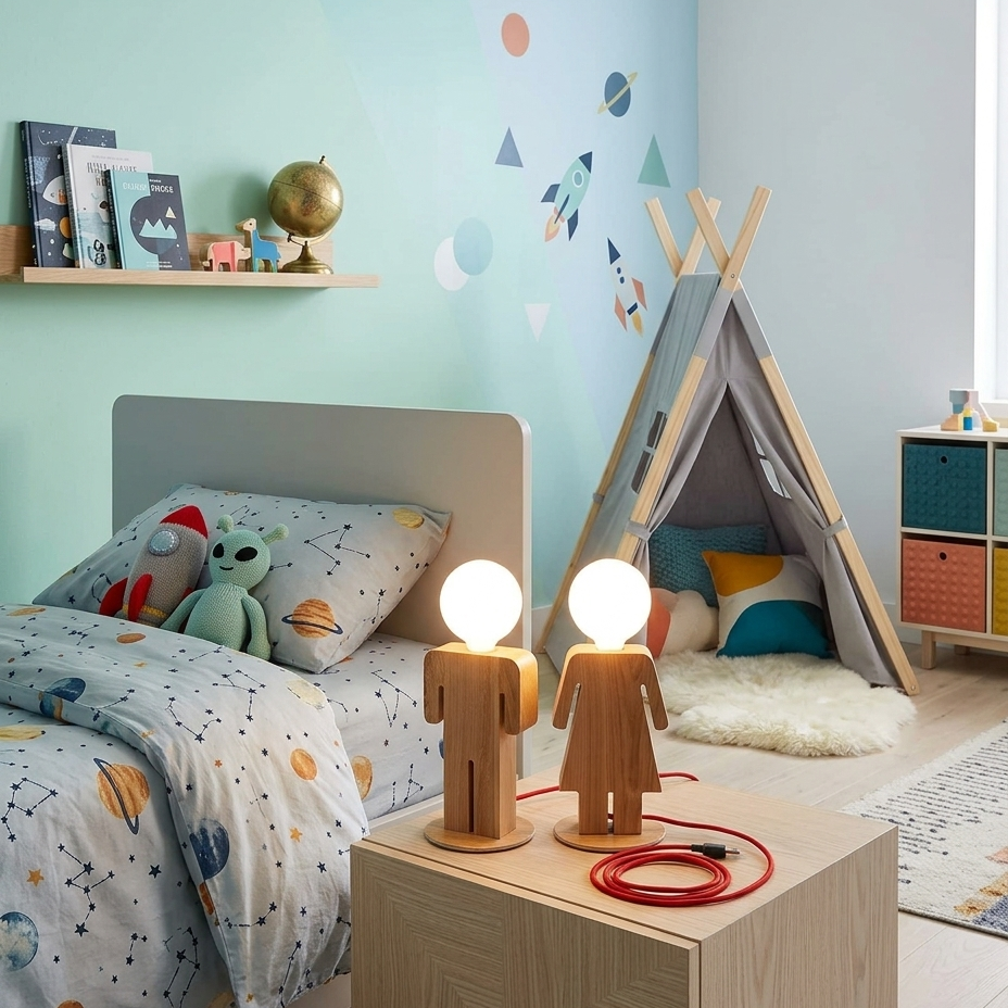 A children's bedroom scene with a light wood nightstand in the foreground holding two globe-shaped table lamps with glowing bulbs. The room includes a bed with space-themed bedding, a small teepee play tent, wall decals, a shelf with books and a globe, and a colorful storage cabinet.