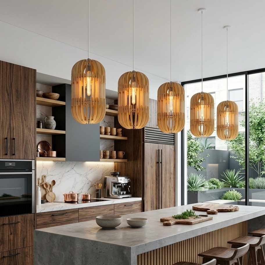 A modern kitchen interior with four cylindrical pendant lights featuring warm glowing bamboo or wood slat ribbed shades hanging over a concrete-topped island. Dark wood cabinetry, open shelves with dishes, a marble countertop, and large windows with outdoor greenery are visible in the background.