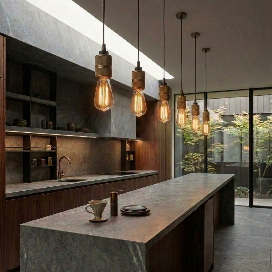 A modern kitchen interior with a long stone island, dark wood cabinetry, hanging Edison-style pendant lights, and large windows overlooking a garden.