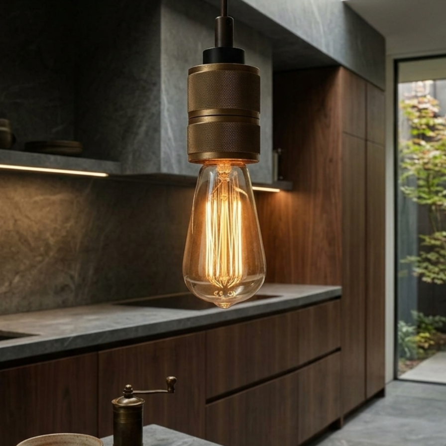 A modern kitchen scene with a hanging pendant light featuring a warm glowing Edison-style bulb and a brushed brass or bronze metal socket. The light is suspended over a dark stone countertop with wooden cabinetry, plates, and a ceramic pour-over coffee cone in the foreground.