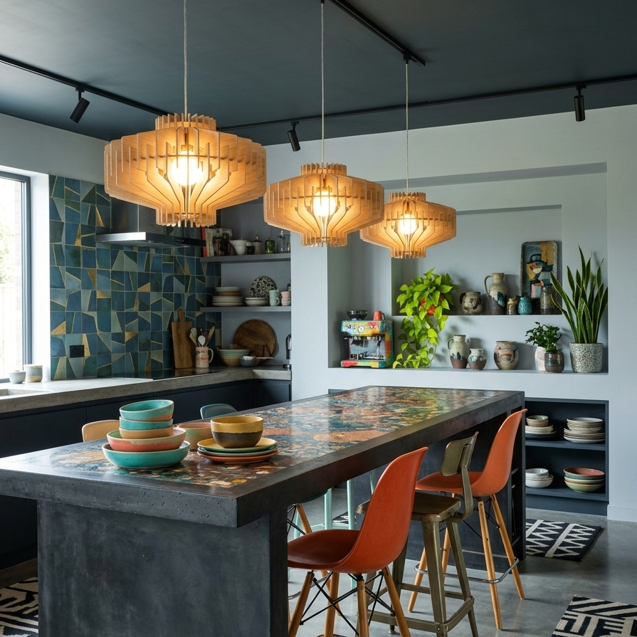 Three woven bamboo pendant lights hang over a modern kitchen island with a concrete base in a stylish kitchen setting.
