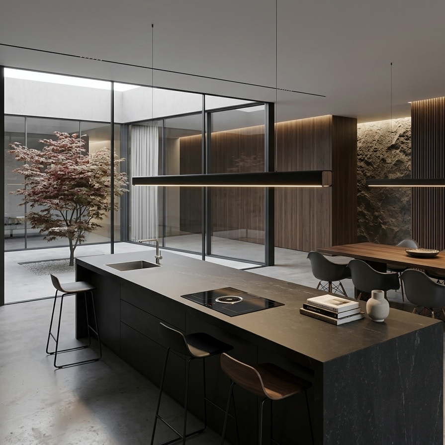 A modern kitchen island with a dark stone countertop and integrated cooktop, surrounded by black and brown bar stools in a contemporary dining area with large glass windows and a tree outside.