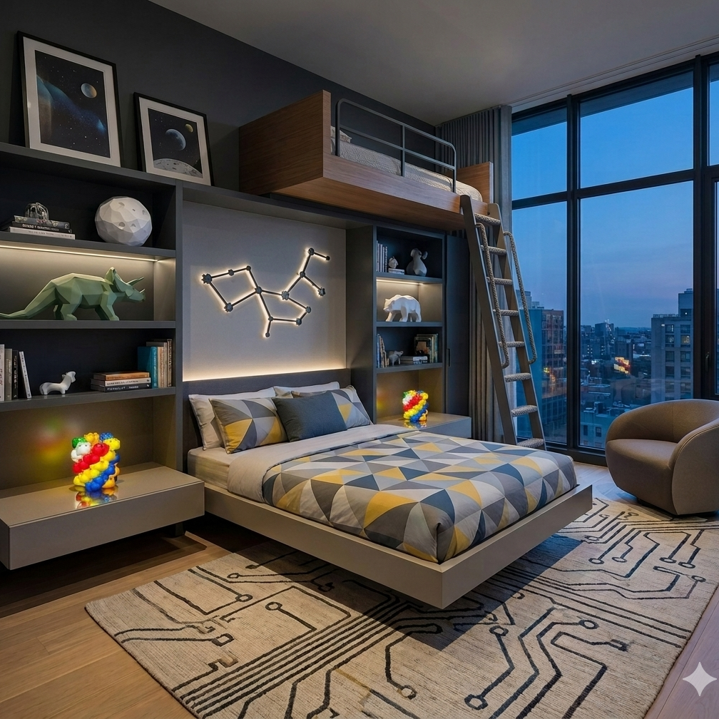 A modern kids' bedroom featuring a low-profile platform bed with a geometric gray, yellow, and blue patterned comforter. The bed is part of a large built-in modular wall unit with shelves, starry sky wall art, and a ladder leading to a loft bed.