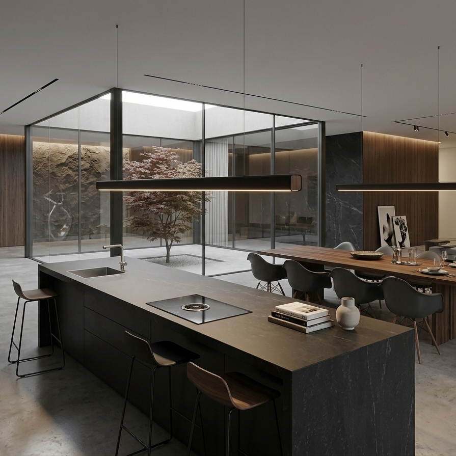 A modern open-plan kitchen and dining interior with a large dark stone island, bar stools, a wood dining table, pendant lights, glass walls, and a small tree in a landscaped courtyard area.