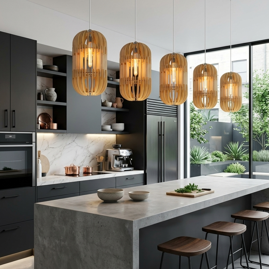 A modern kitchen interior with four cylindrical pendant lights featuring natural wood slats and glowing warm Edison bulbs, hanging over a concrete island with bar stools.