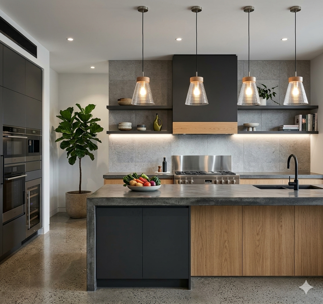 A modern kitchen interior with a large central island featuring a dark gray concrete-look countertop and lower cabinet doors with light wood grain fronts. Stainless steel appliances, open shelving, pendant lights, a potted plant, and a fruit bowl are visible in the space.