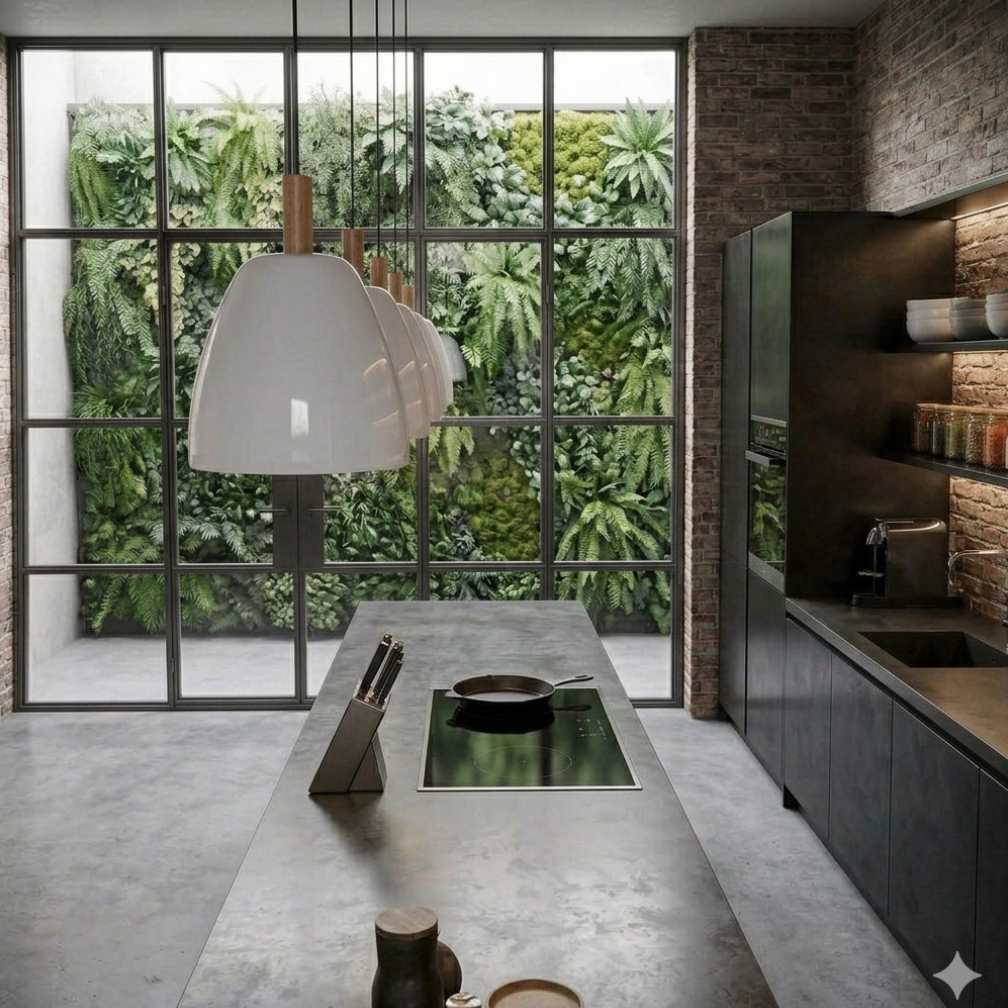 A modern kitchen interior with a large industrial-style grid window looking out onto a lush green living wall. A concrete island with a built-in cooktop is centered, with pendant lights hanging above, dark cabinetry along the right side, exposed brick walls, and shelves holding dishes.
