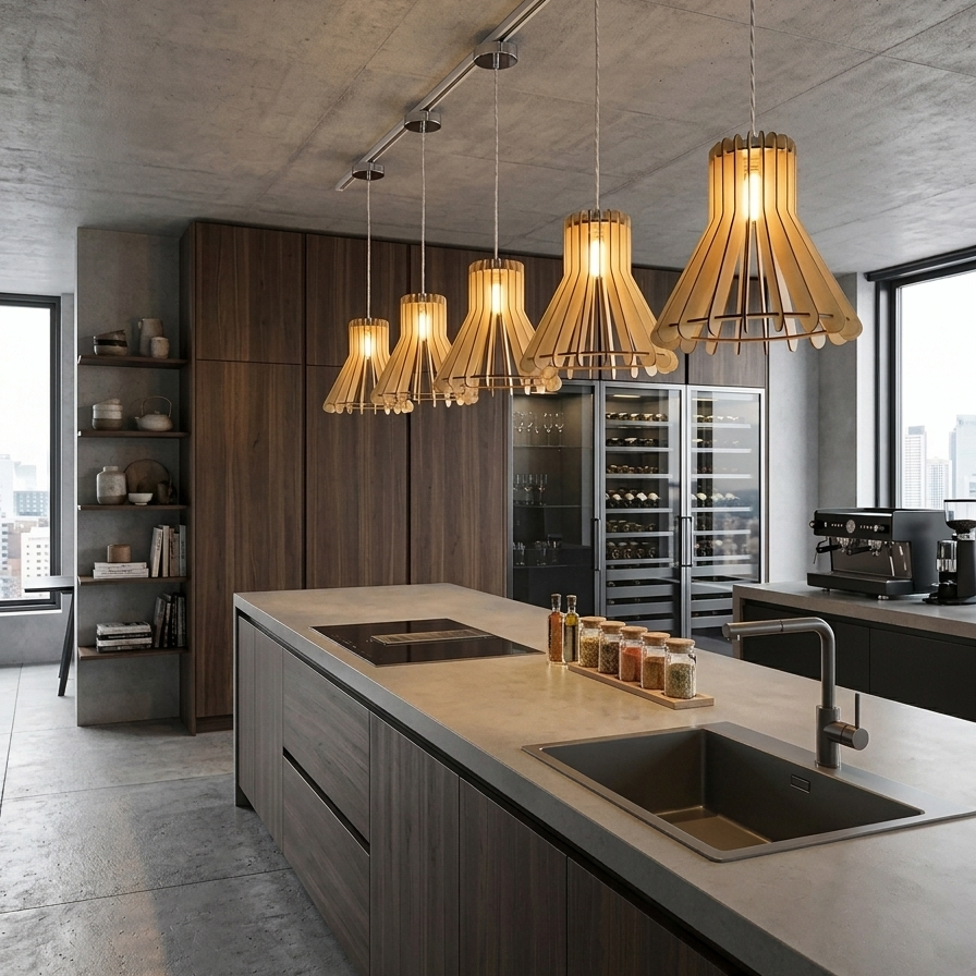 A modern kitchen interior with a long island, dark wood cabinetry, concrete countertops and ceiling, and a row of pendant lights with warm glowing shades hanging above the island.