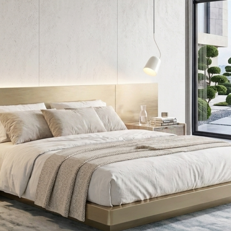 A modern minimalist bedroom featuring a low-profile platform bed with a light wood frame and upholstered headboard, dressed in white and beige bedding. The room has a textured light gray wall, matching gray and blue area rugs, and a large floor-to-ceiling window looking out onto a landscaped patio.