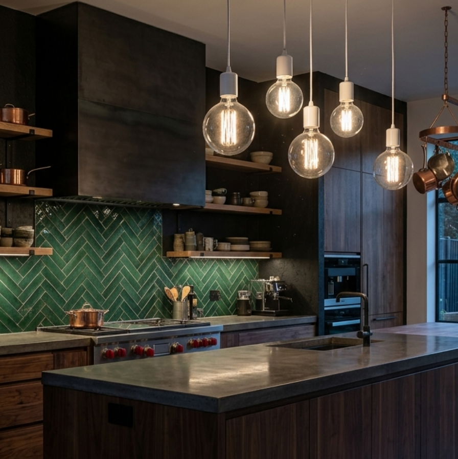 A modern kitchen interior with a dark wood island, green herringbone tile backsplash, copper pots on shelves and a hanging rack, and multiple pendant lights above the island.