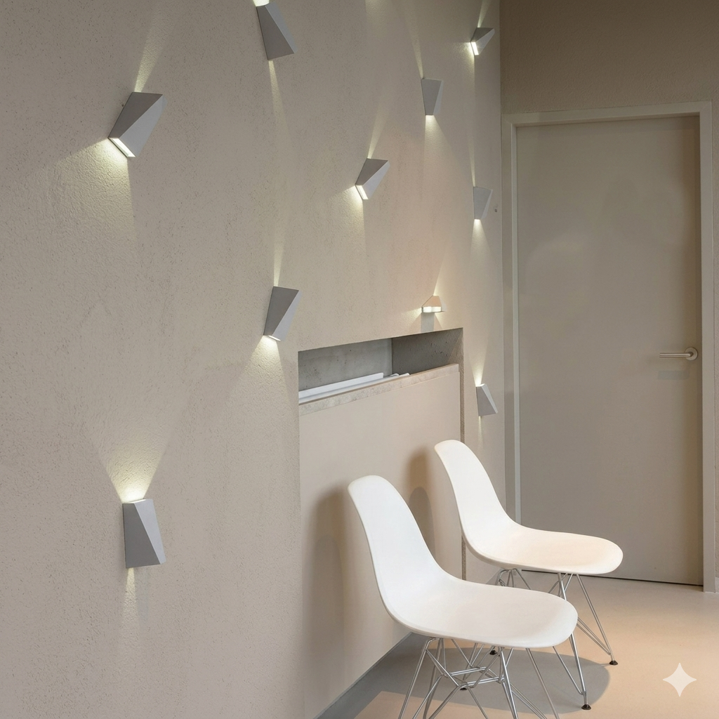 Modern geometric wall sconces mounted on a textured beige wall, casting light downward in a hallway setting with two white chairs and a recessed shelf.