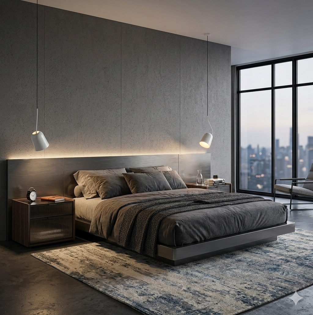 A modern bedroom scene featuring a low-profile platform bed dressed in dark gray bedding, set against a textured gray paneled wall with warm ambient lighting. Two white pendant lights hang above the bed, flanking matching bedside tables.