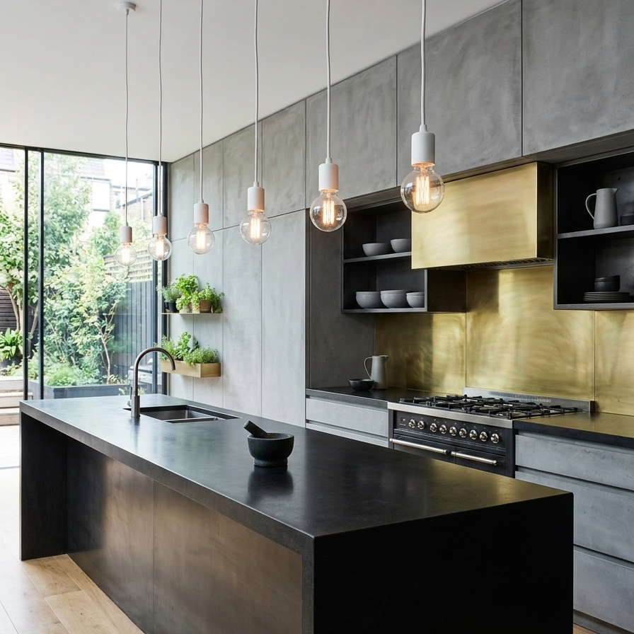 Modern kitchen interior with a dark wood island, gray concrete cabinetry, a gold brass backsplash, pendant lights, and a large window looking out onto greenery.