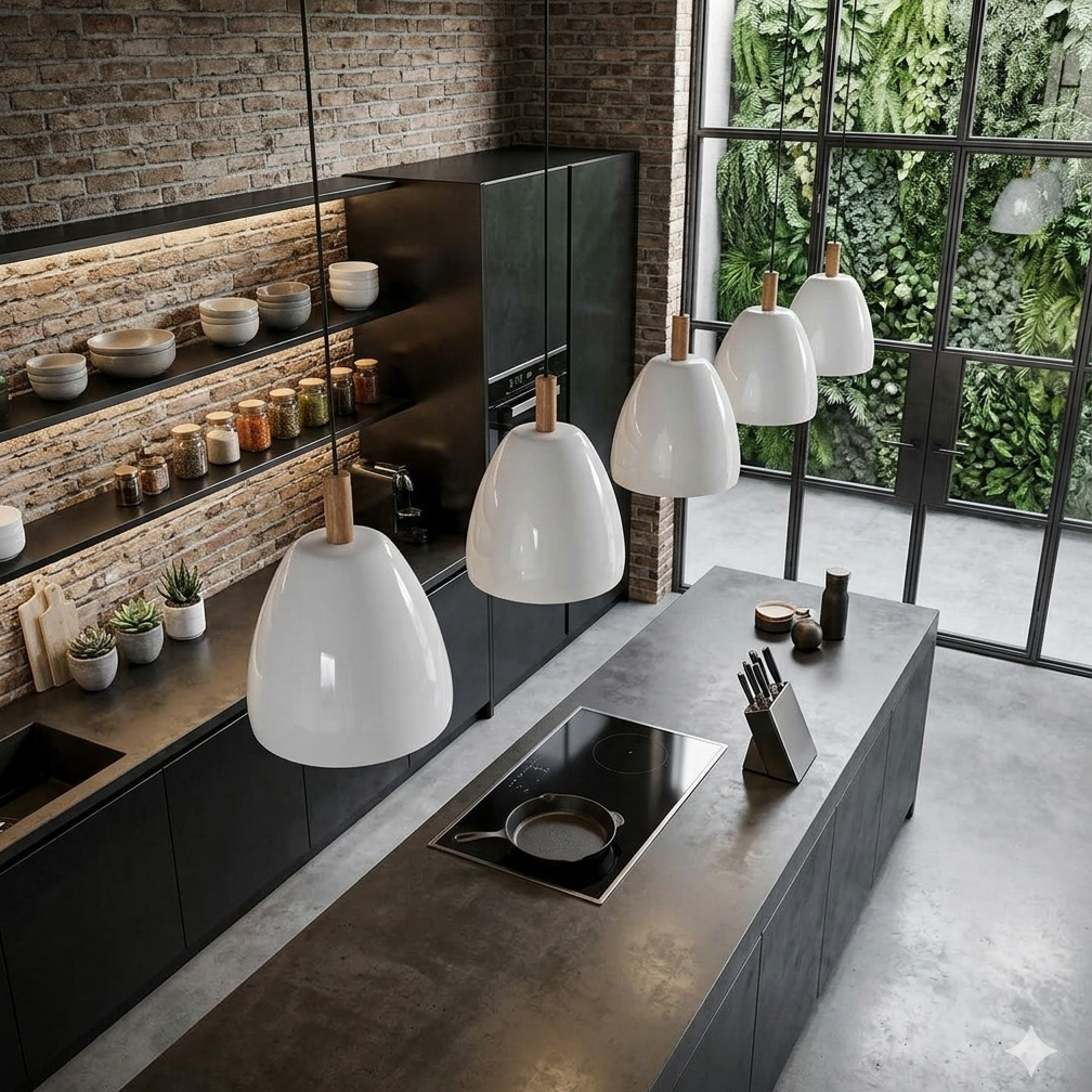 A modern kitchen interior with a central island, black cabinetry, brick walls, and five white pendant lights with wooden accents hanging over the workspace. Large windows look out to a greenery-filled outdoor area.