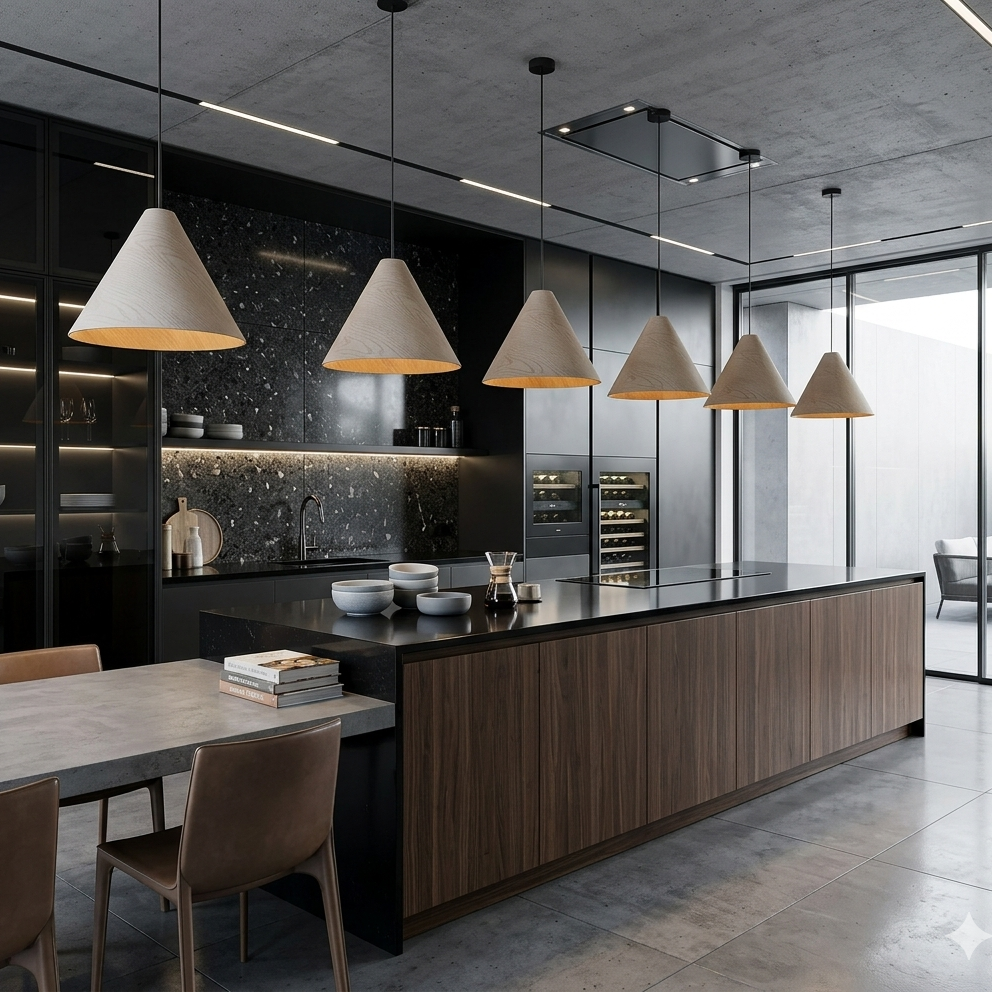 A modern kitchen island with a wood-grain front and black countertop, surrounded by dining chairs, under a row of pendant lights in a contemporary kitchen interior.