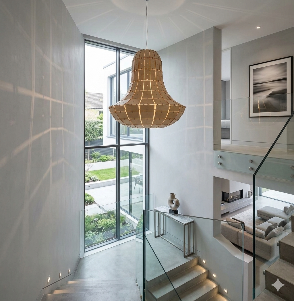 A large woven rattan pendant light hangs in a modern, high-ceilinged residential interior with glass railings, concrete floors, and a staircase overlooking a landscaped garden.