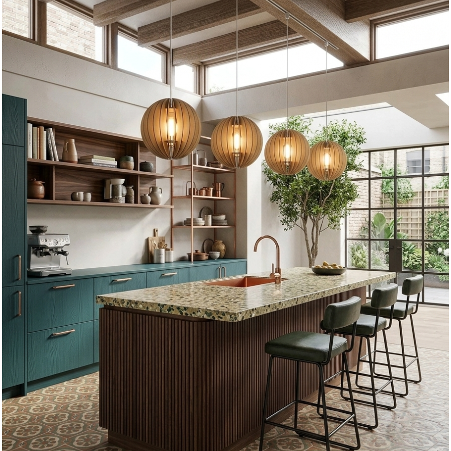 A modern kitchen interior with a central wood island, patterned stone countertop, three hanging spherical pendant lights, teal cabinets, open shelving, patterned tile flooring, and large windows with a tree visible outside.