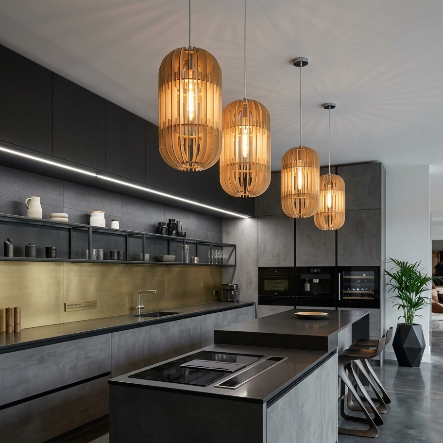 Modern kitchen interior with dark gray cabinets and island, black countertops, brass backsplash, and three large woven pendant lights hanging above the island.