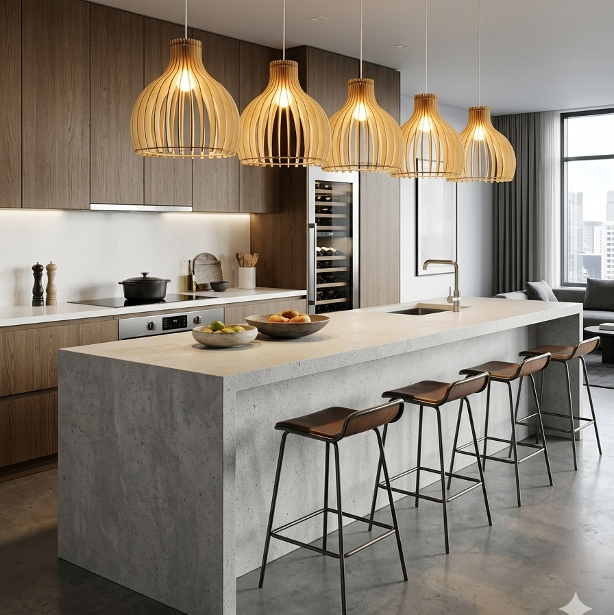 A modern kitchen island with a concrete-look base and a long white countertop, styled with five woven wood pendant lights hanging above. Five bar stools with dark brown seats and black metal frames line the counter.