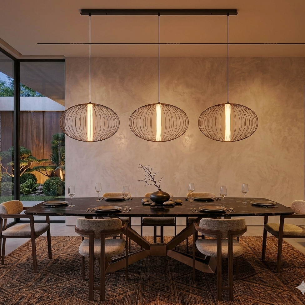 Three modern pendant lights with black wireframe oval shades hang above a long dining table set for six in a warm, contemporary dining room with a textured beige wall and large windows.
