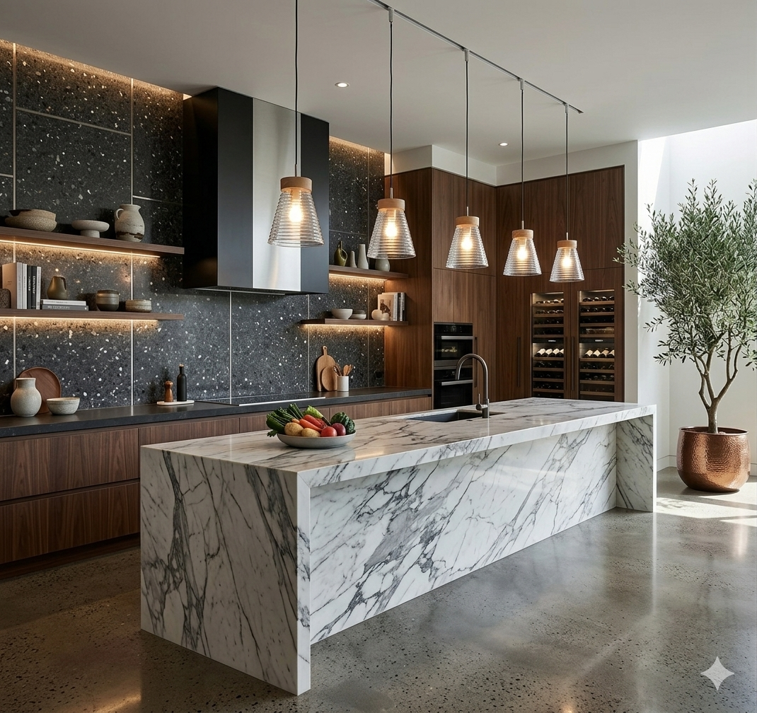 A modern kitchen interior with a large white marble island, dark wood cabinetry, a speckled dark backsplash, pendant lights, built-in appliances, and a potted olive tree in the foreground.