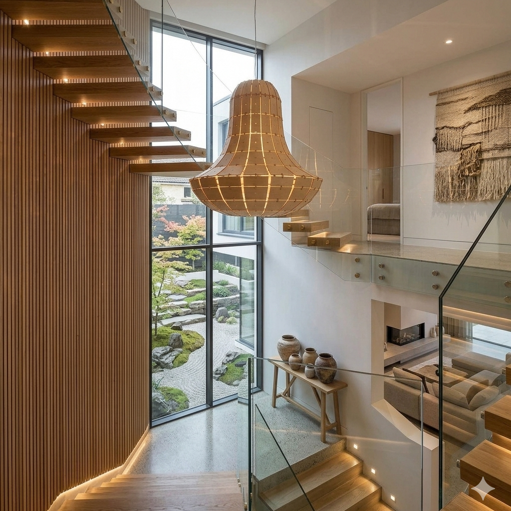 A modern multi-level residential interior featuring a large woven wicker pendant light hanging in a high-ceilinged atrium. The space includes a wooden slatted staircase on the left, glass railings, a landscaped garden visible through floor-to-ceiling windows, and a contemporary living area on the lower level.